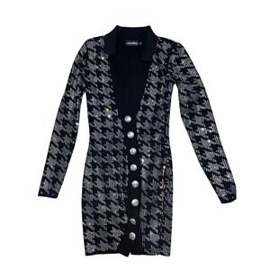 Retrofête Dress Womens S Black Puzzle Houndstooth Rhinestone Cashmere Blend‎